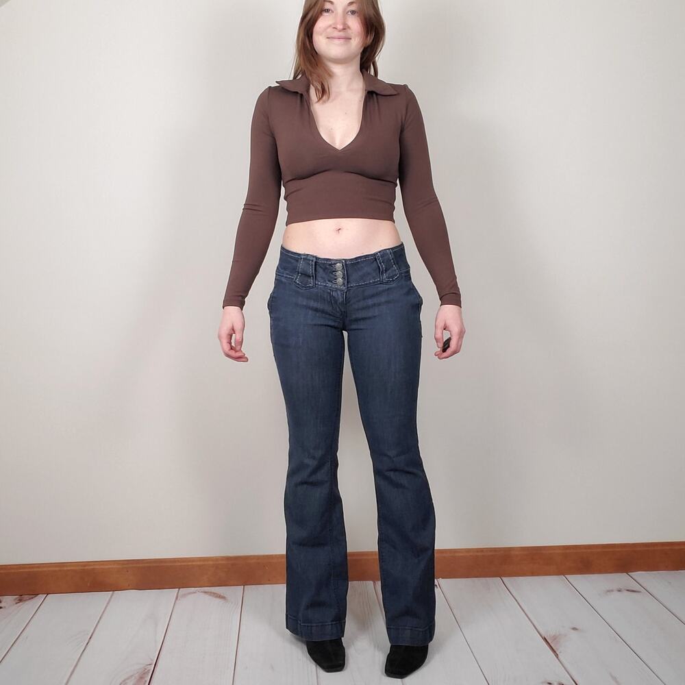 Vintage Y2K Dark Wash Low Rise Embroidered Flare Jeans Juniors 5